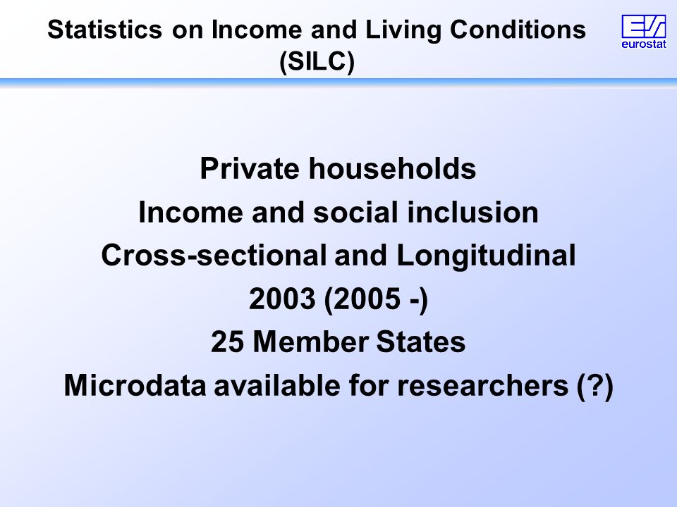 Statistics on Income and Living Conditions (SILC) Private households Income and social inclusion Cross-sectional and Longitudinal 2003 (2005 -) 25 Member States Microdata available for researchers ( )