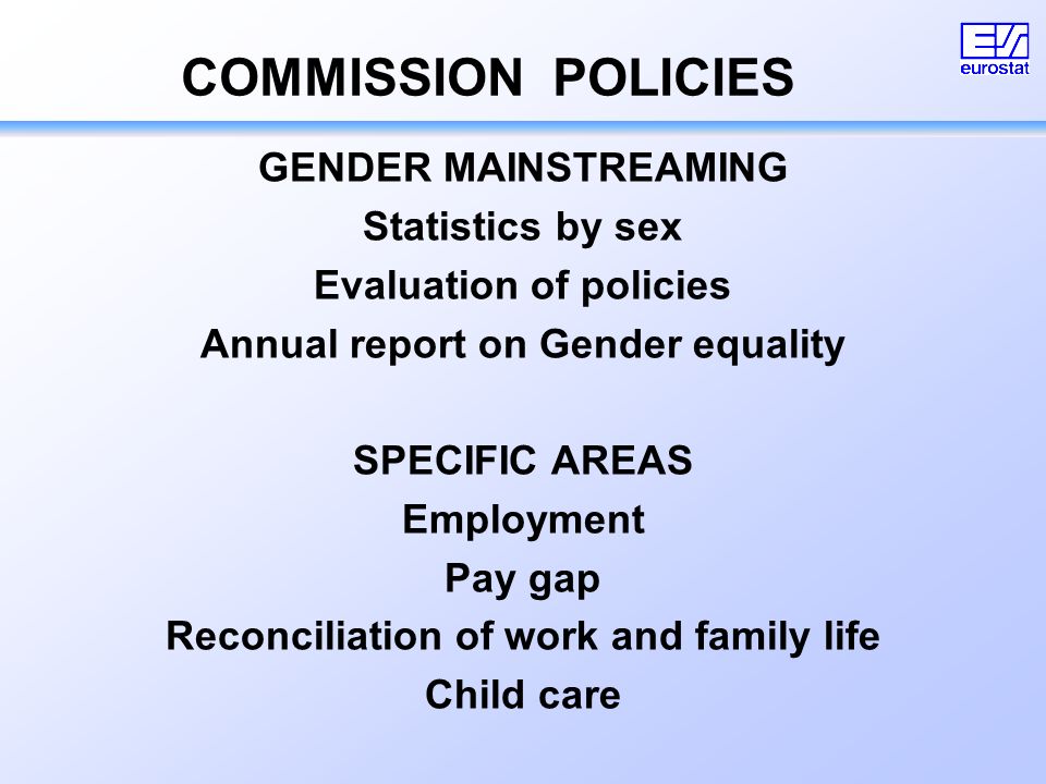 COMMISSION POLICIES GENDER MAINSTREAMING Statistics by sex Evaluation of policies Annual report on Gender equality SPECIFIC AREAS Employment Pay gap Reconciliation of work and family life Child care