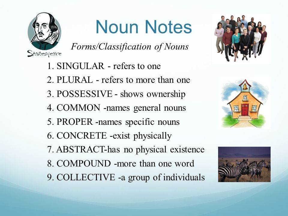 Noun Notes Forms/Classification of Nouns 1. SINGULAR - refers to one 2.
