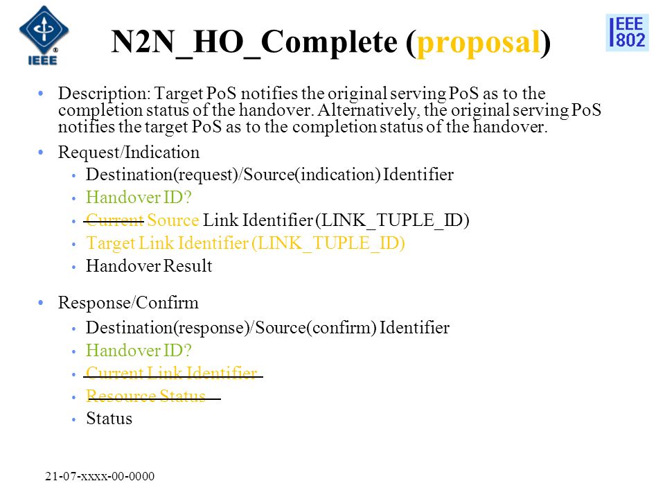 21-07-xxxx N2N_HO_Complete (proposal) Description: Target PoS notifies the original serving PoS as to the completion status of the handover.