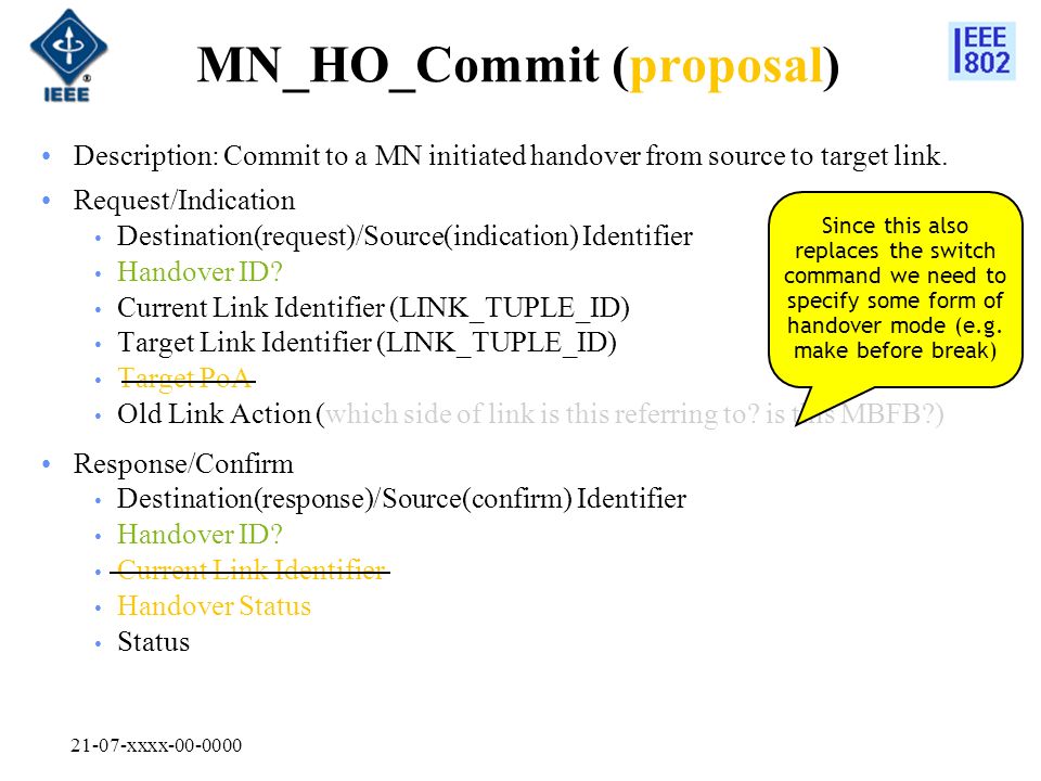 21-07-xxxx MN_HO_Commit (proposal) Description: Commit to a MN initiated handover from source to target link.
