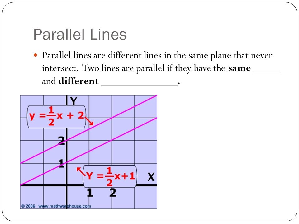 Parallel Lines Parallel lines are different lines in the same plane that never intersect.
