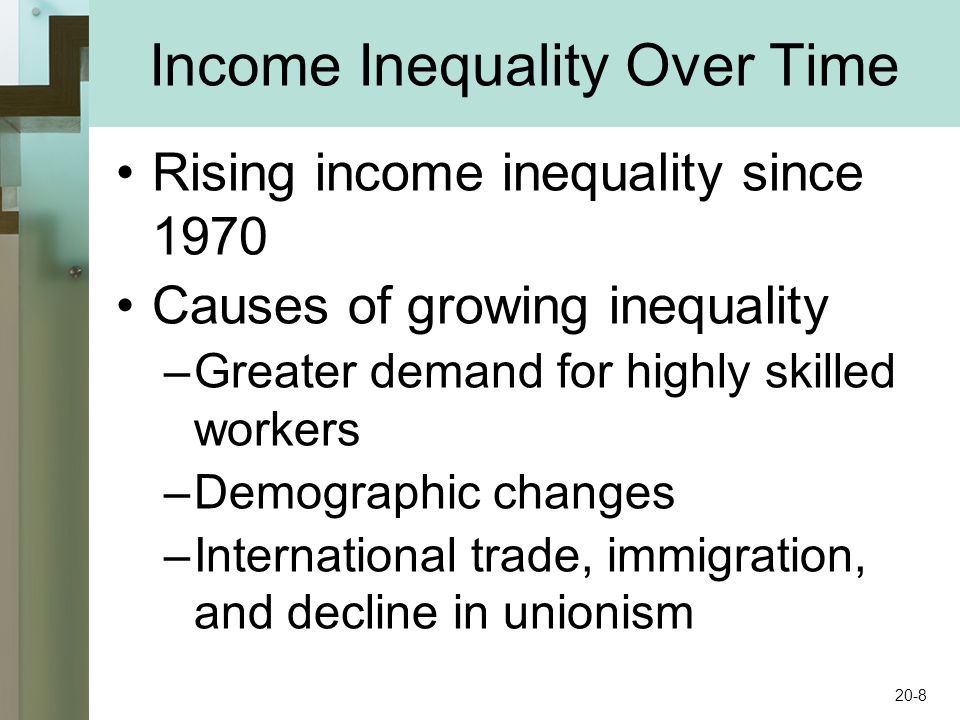 Income Inequality Over Time Rising income inequality since 1970 Causes of growing inequality –Greater demand for highly skilled workers –Demographic changes –International trade, immigration, and decline in unionism 20-8