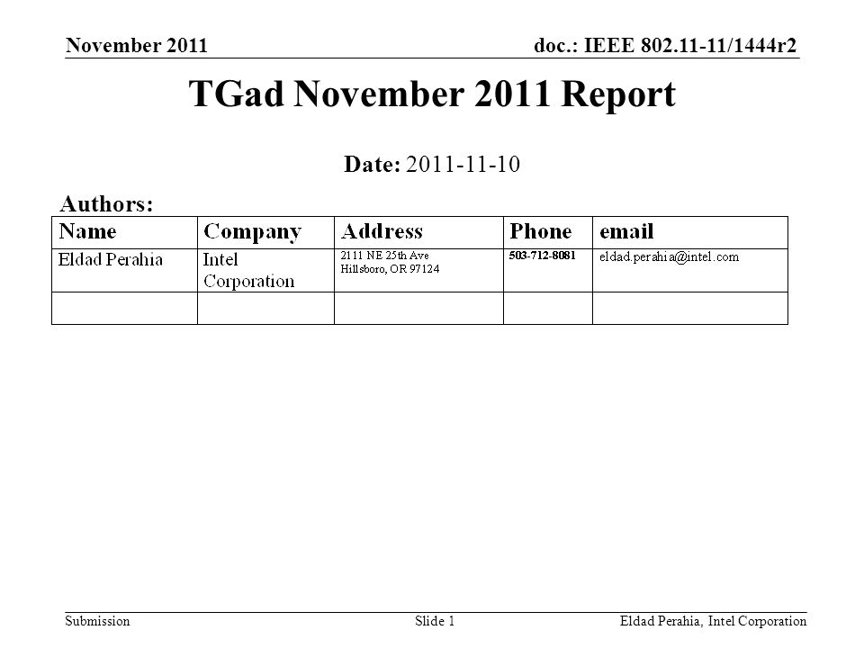 doc.: IEEE /1444r2 Submission November 2011 Eldad Perahia, Intel CorporationSlide 1 Date: Authors: TGad November 2011 Report