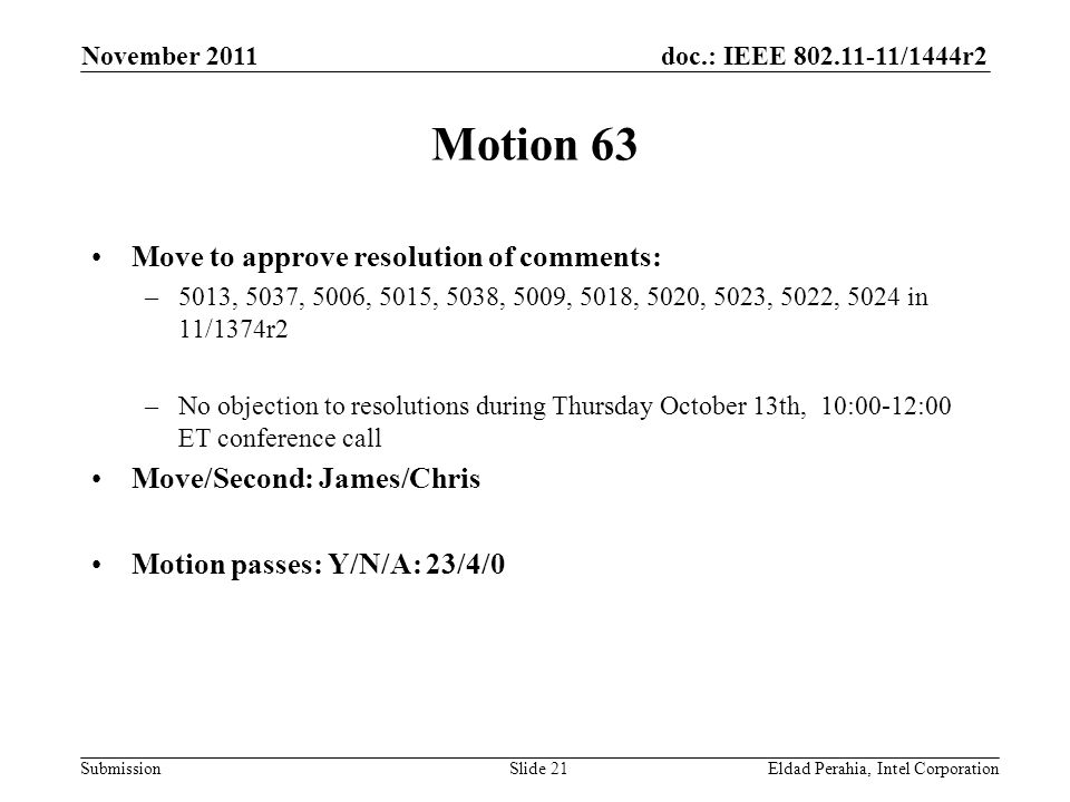 doc.: IEEE /1444r2 Submission Motion 63 Move to approve resolution of comments: –5013, 5037, 5006, 5015, 5038, 5009, 5018, 5020, 5023, 5022, 5024 in 11/1374r2 –No objection to resolutions during Thursday October 13th, 10:00-12:00 ET conference call Move/Second: James/Chris Motion passes: Y/N/A: 23/4/0 November 2011 Eldad Perahia, Intel CorporationSlide 21