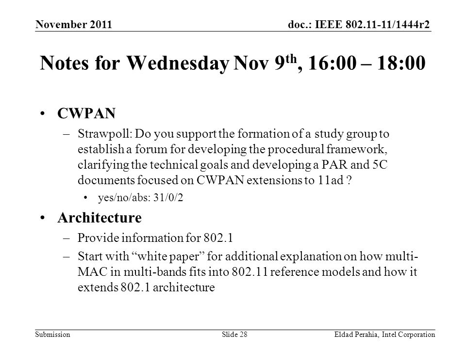 doc.: IEEE /1444r2 Submission Notes for Wednesday Nov 9 th, 16:00 – 18:00 CWPAN –Strawpoll: Do you support the formation of a study group to establish a forum for developing the procedural framework, clarifying the technical goals and developing a PAR and 5C documents focused on CWPAN extensions to 11ad .