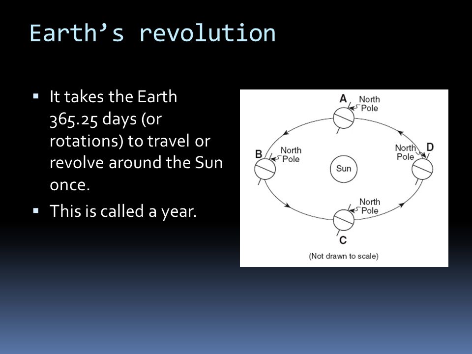 Earth’s revolution  It takes the Earth days (or rotations) to travel or revolve around the Sun once.