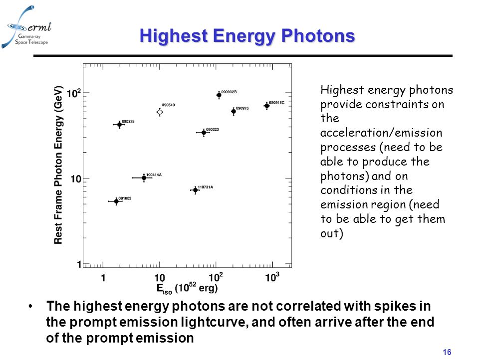 16 Highest Energy Photons The highest energy photons are not correlated with spikes in the prompt emission lightcurve, and often arrive after the end of the prompt emission Highest energy photons provide constraints on the acceleration/emission processes (need to be able to produce the photons) and on conditions in the emission region (need to be able to get them out)