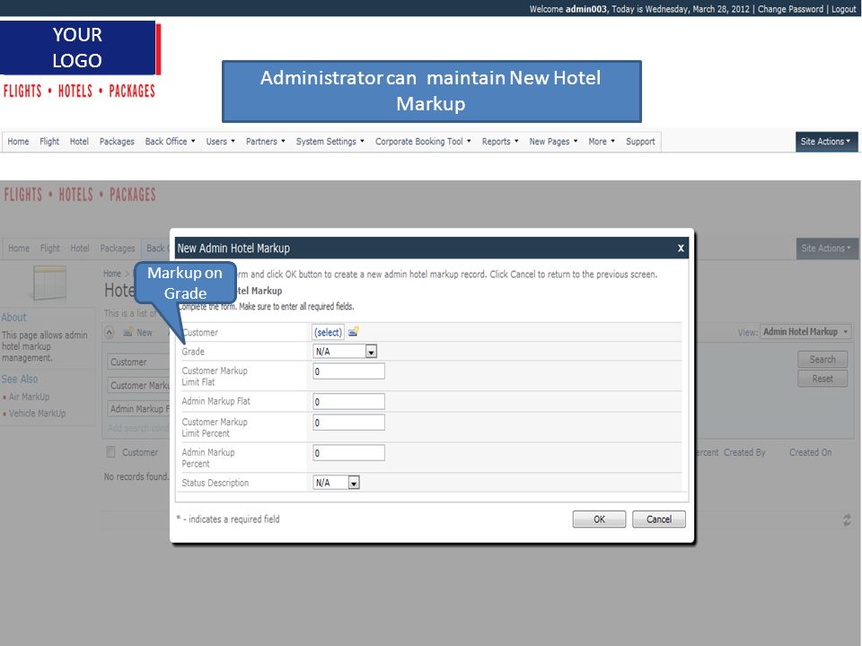 1 YOUR LOGO Administrator can maintain New Hotel Markup Markup on Grade