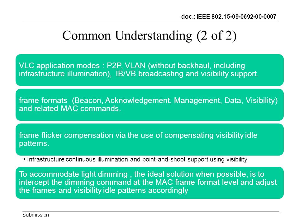 doc.: IEEE Submission Common Understanding (2 of 2) VLC application modes : P2P, VLAN (without backhaul, including infrastructure illumination), IB/VB broadcasting and visibility support.