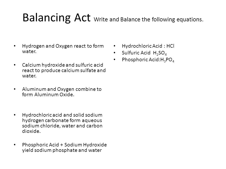 balancing chemical equations cant create or lose atoms water and carbon dioxide combine to form