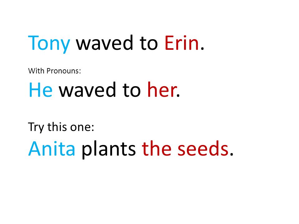 Tony waved to Erin. With Pronouns: He waved to her. Try this one: Anita plants the seeds.