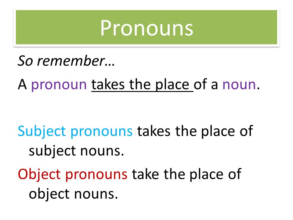 Pronouns So remember… A pronoun takes the place of a noun.