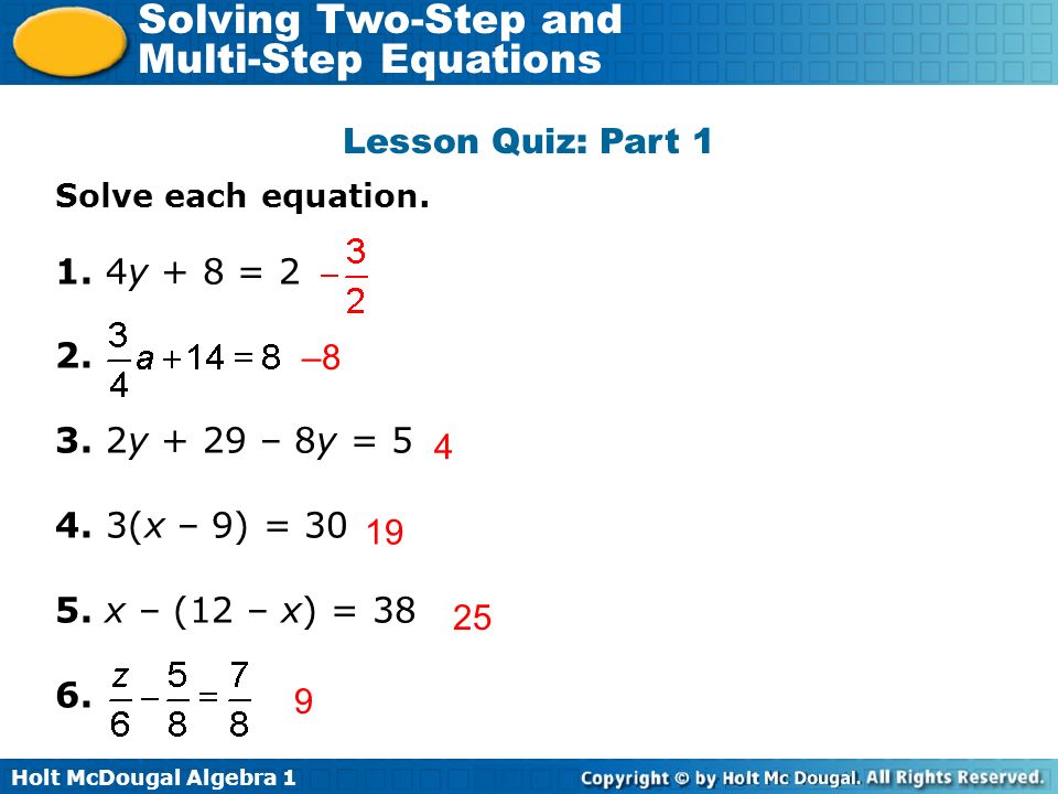 Holt Mcdougal Algebra 1 Solving Two Step And Multi Equations Holt Mcdougal Algebra 1 Solving Two Step And Multi Equations Lesson Quiz