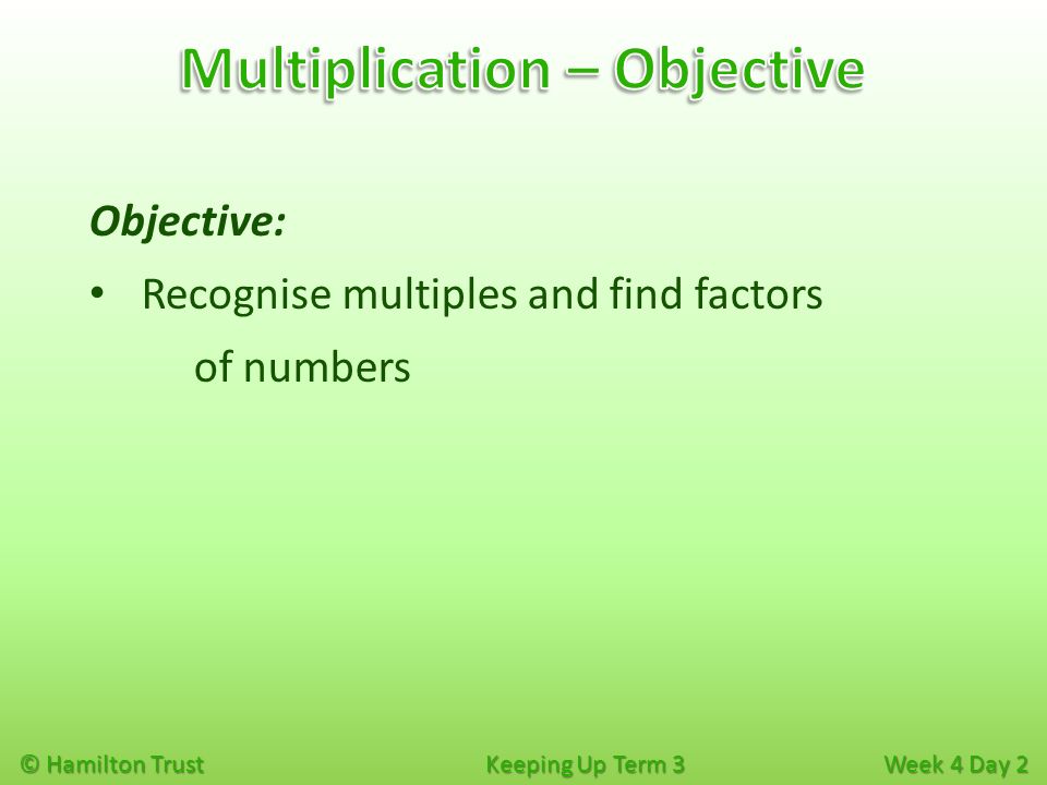 © Hamilton Trust Keeping Up Term 3 Week 4 Day 2 Objective: Recognise multiples and find factors of numbers