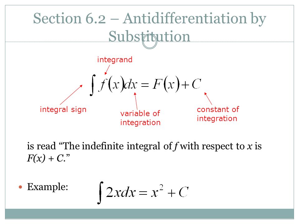 Section 6.2 – Antidifferentiation by Substitution is read The indefinite integral of f with respect to x is F(x) + C. Example: constant of integration integral sign integrand variable of integration