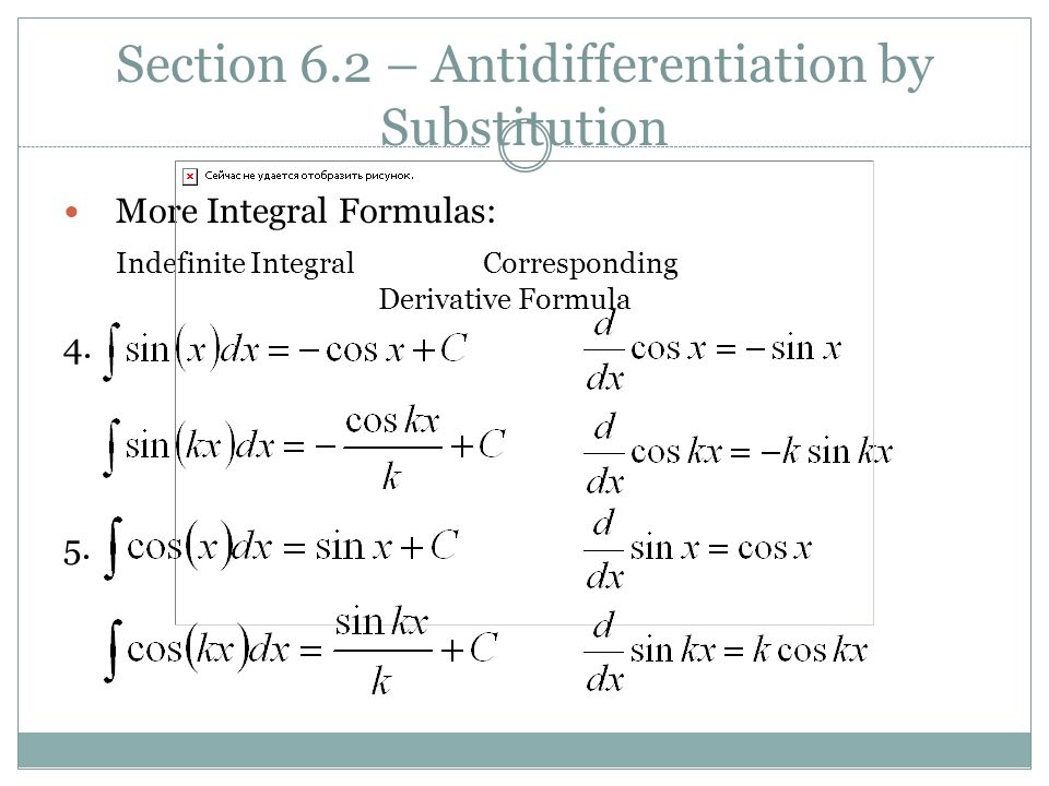 Section 6.2 – Antidifferentiation by Substitution More Integral Formulas: Indefinite IntegralCorresponding Derivative Formula 4.