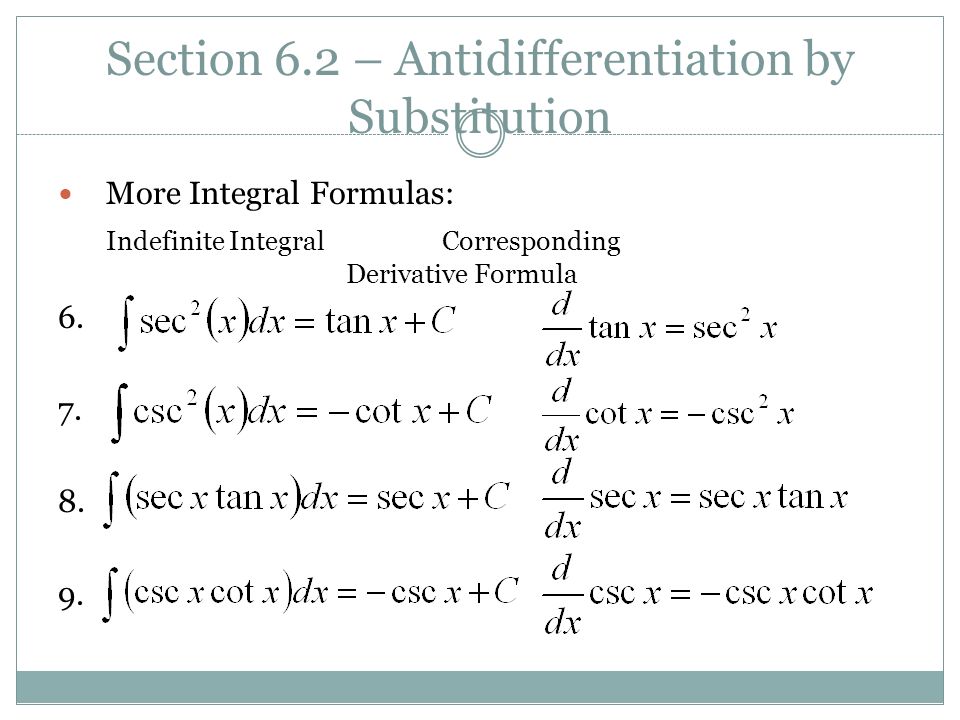 Section 6.2 – Antidifferentiation by Substitution More Integral Formulas: Indefinite IntegralCorresponding Derivative Formula 6.