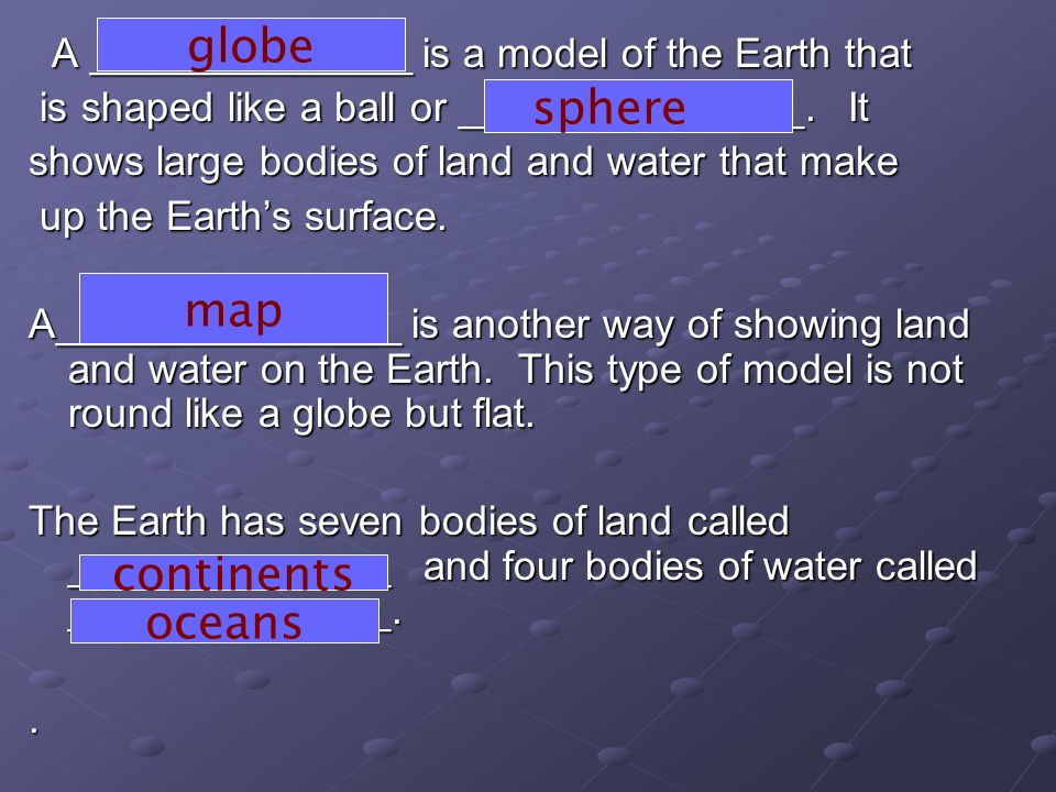 A ______________ is a model of the Earth that A ______________ is a model of the Earth that is shaped like a ball or _______________.