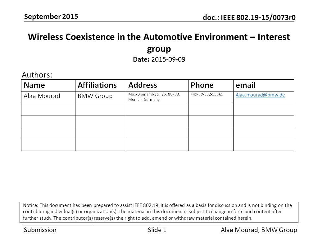 Submission doc.: IEEE /0073r0 September 2015 Alaa Mourad, BMW GroupSlide 1 Wireless Coexistence in the Automotive Environment – Interest group Date: Authors: Notice: This document has been prepared to assist IEEE