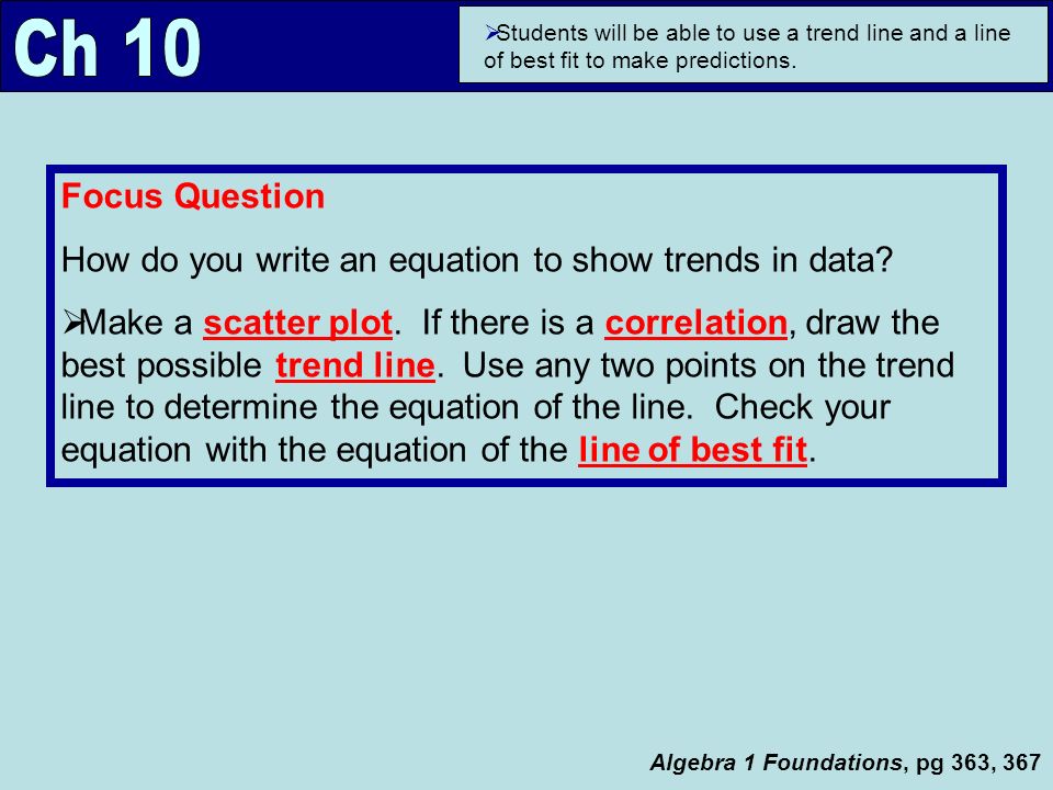 Algebra 1 Foundations Pg 363 Students Will Be Able To Use A Algebra 1 Foundations Pg 363 367 Focus Question How Do You Write An Equation