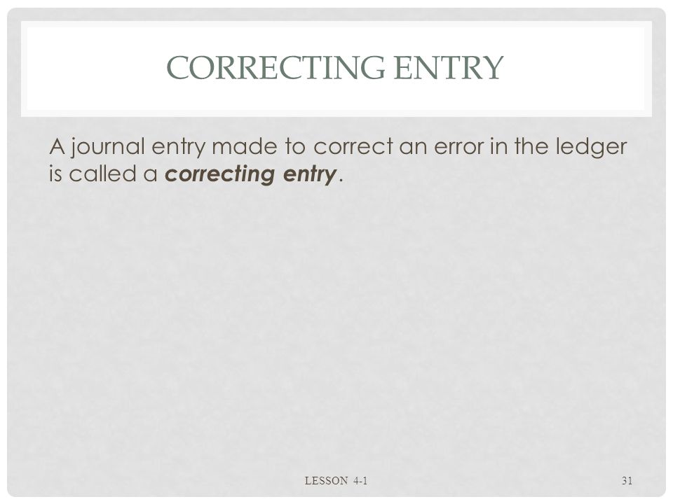 CORRECTING ENTRY A journal entry made to correct an error in the ledger is called a correcting entry.