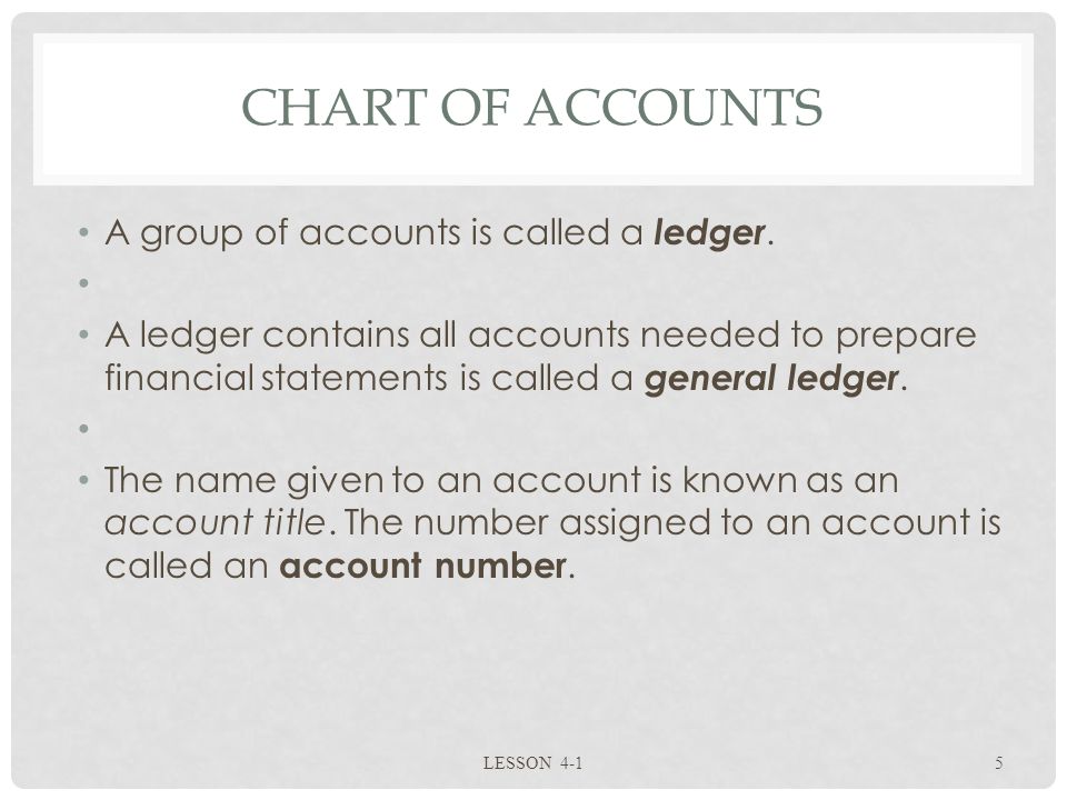 CHART OF ACCOUNTS A group of accounts is called a ledger.
