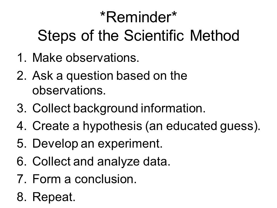 *Reminder* Steps of the Scientific Method 1.Make observations.