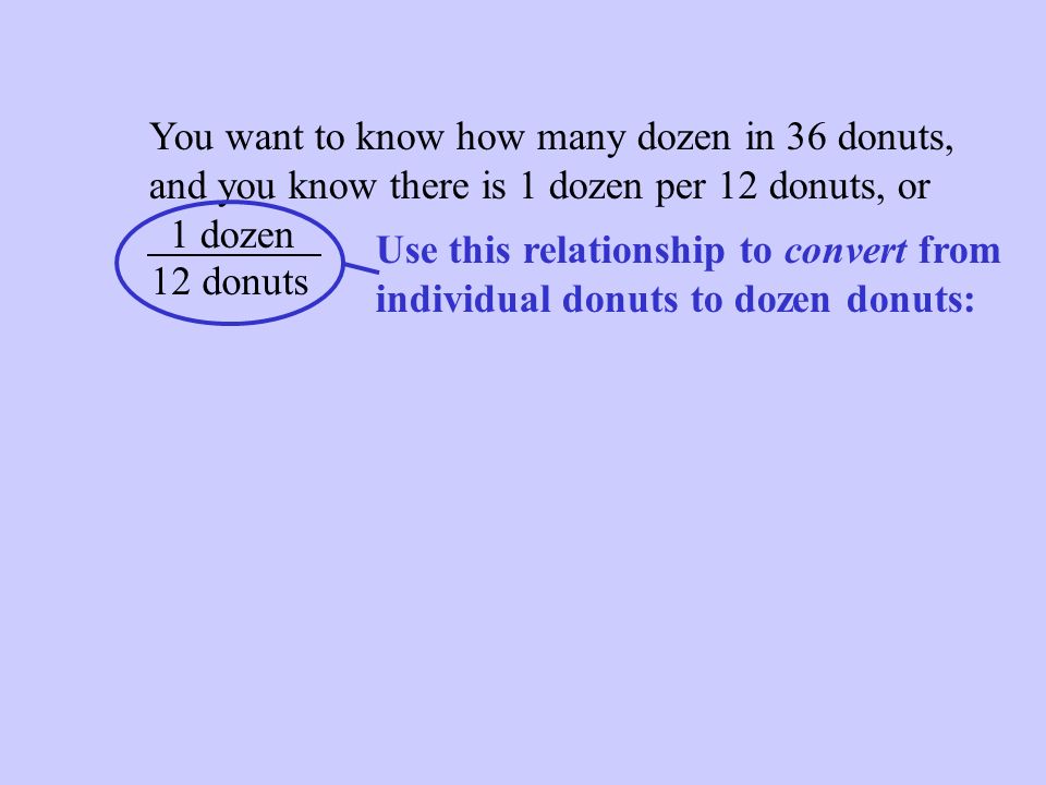 You want to know how many dozen in 36 donuts, and you know there is 1 dozen per 12 donuts, or 1 dozen 12 donuts Use this relationship to convert from individual donuts to dozen donuts:
