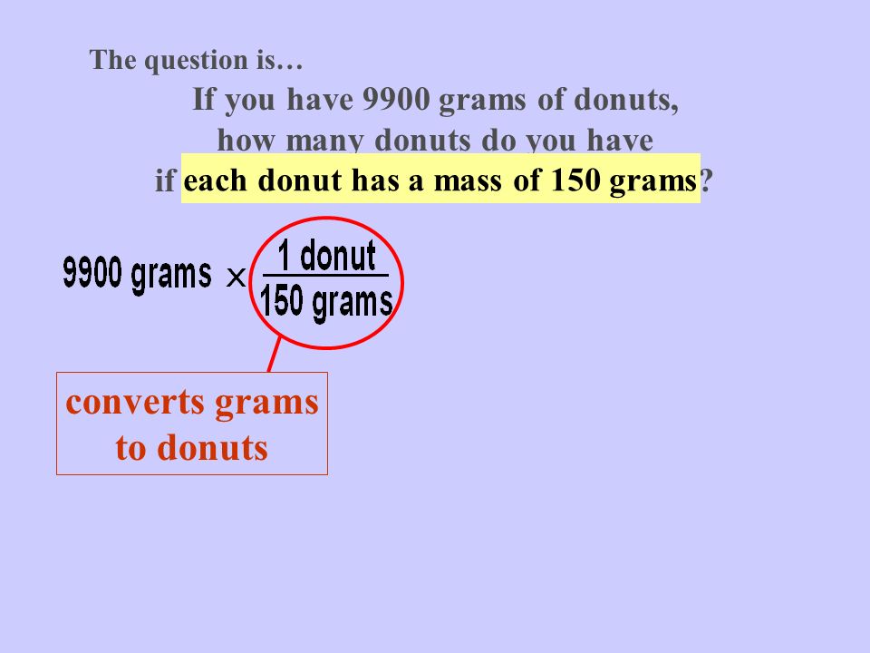 The question is… converts grams to donuts If you have 9900 grams of donuts, how many donuts do you have if each donut has a mass of 150 grams.