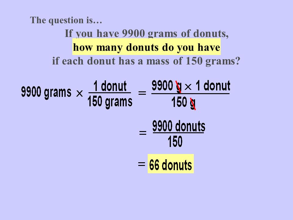 The question is… If you have 9900 grams of donuts, how many donuts do you have if each donut has a mass of 150 grams.