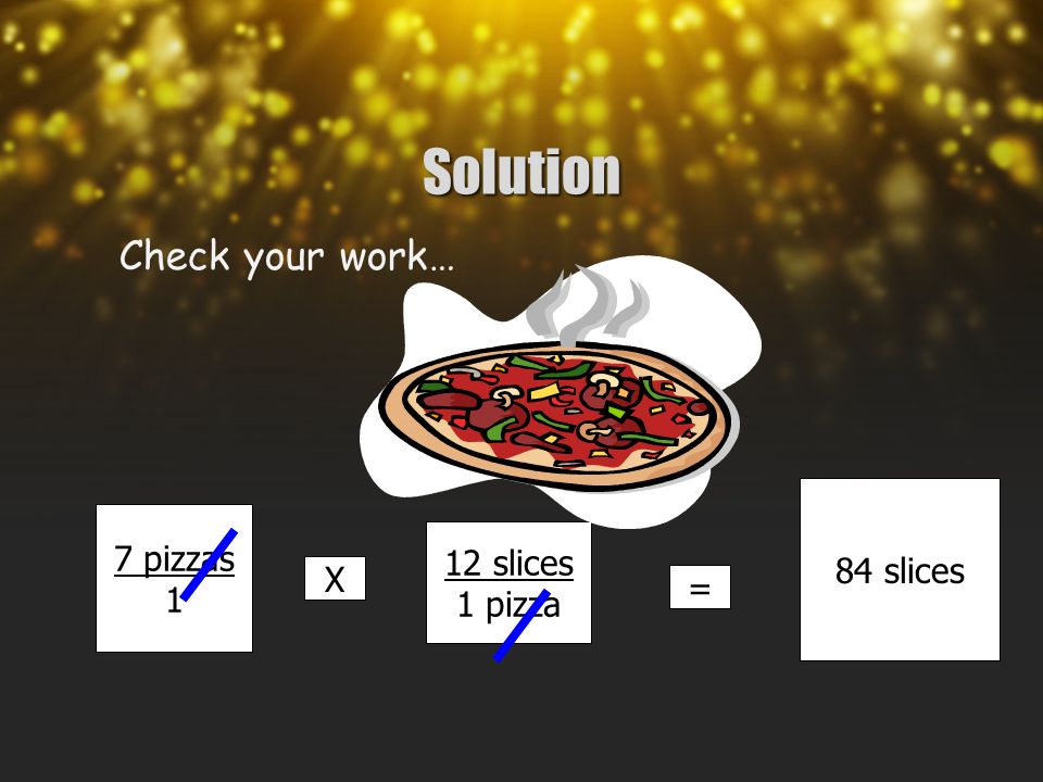 7 pizzas 1 Solution Check your work… X 12 slices 1 pizza = 84 slices