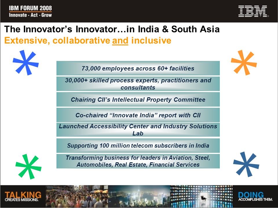 The Innovator’s Innovator…in India & South Asia Extensive, collaborative and inclusive Launched Accessibility Center and Industry Solutions Lab Supporting 100 million telecom subscribers in India 30,000+ skilled process experts, practitioners and consultants 73,000 employees across 60+ facilities Chairing CII’s Intellectual Property Committee Transforming business for leaders in Aviation, Steel, Automobiles, Real Estate, Financial Services Co-chaired Innovate India report with CII ** * *