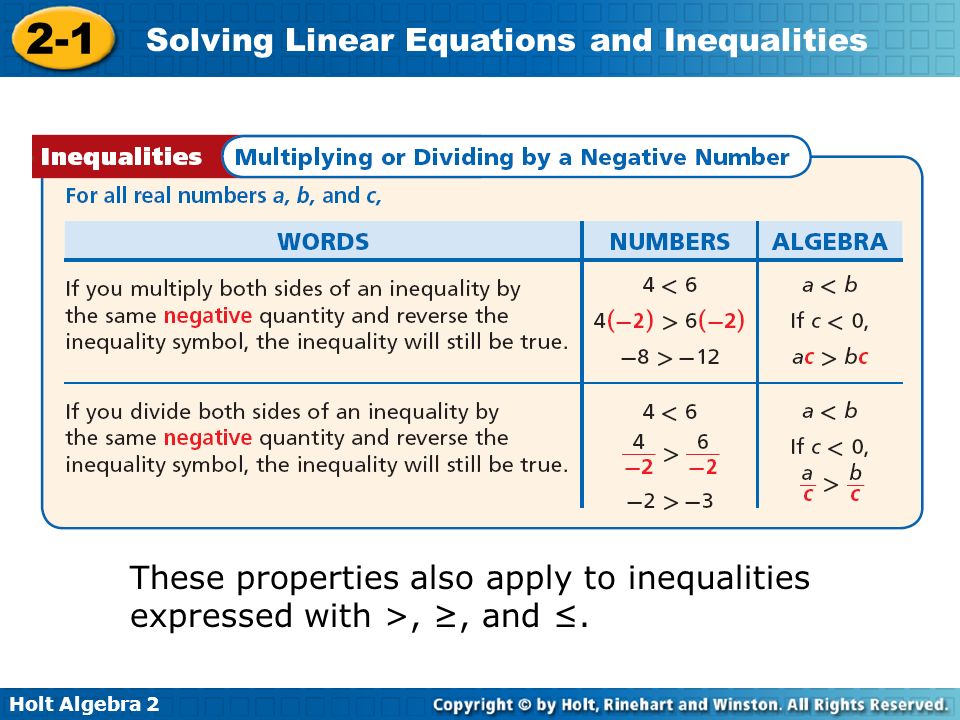 Holt Algebra Solving Linear Equations and Inequalities These properties also apply to inequalities expressed with >, ≥, and ≤.