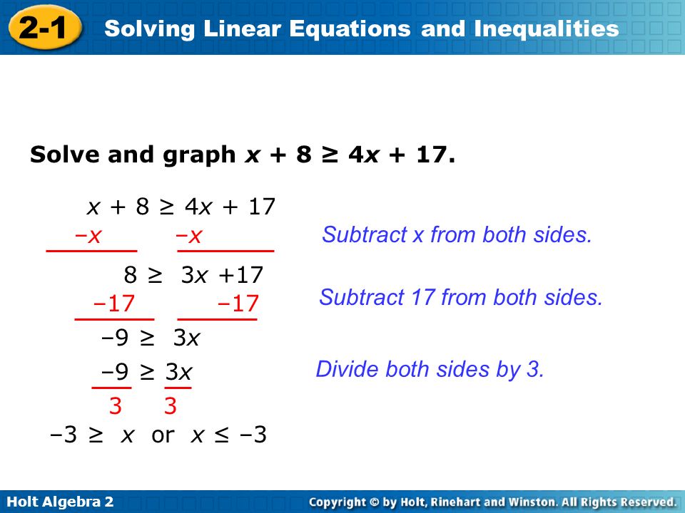 Holt Algebra Solving Linear Equations and Inequalities Solve and graph x + 8 ≥ 4x + 17.