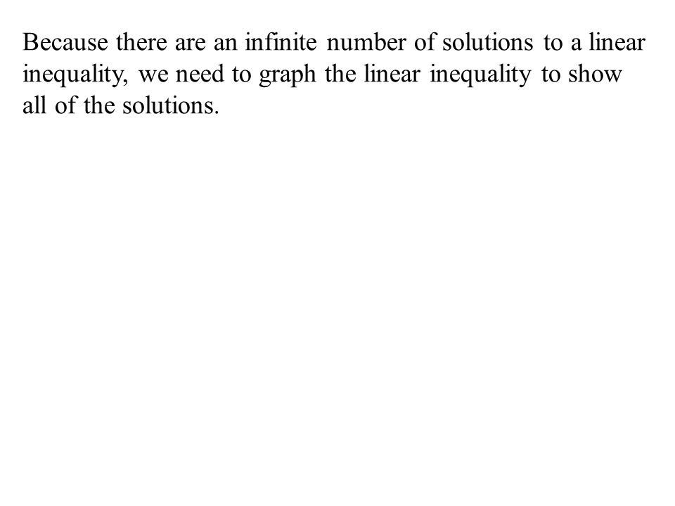 Because there are an infinite number of solutions to a linear inequality, we need to graph the linear inequality to show all of the solutions.