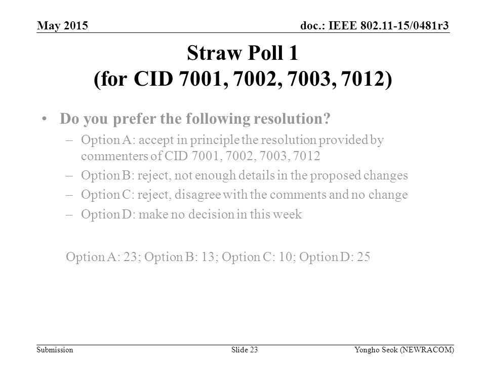 doc.: IEEE /0481r3 Submission Straw Poll 1 (for CID 7001, 7002, 7003, 7012) Do you prefer the following resolution.