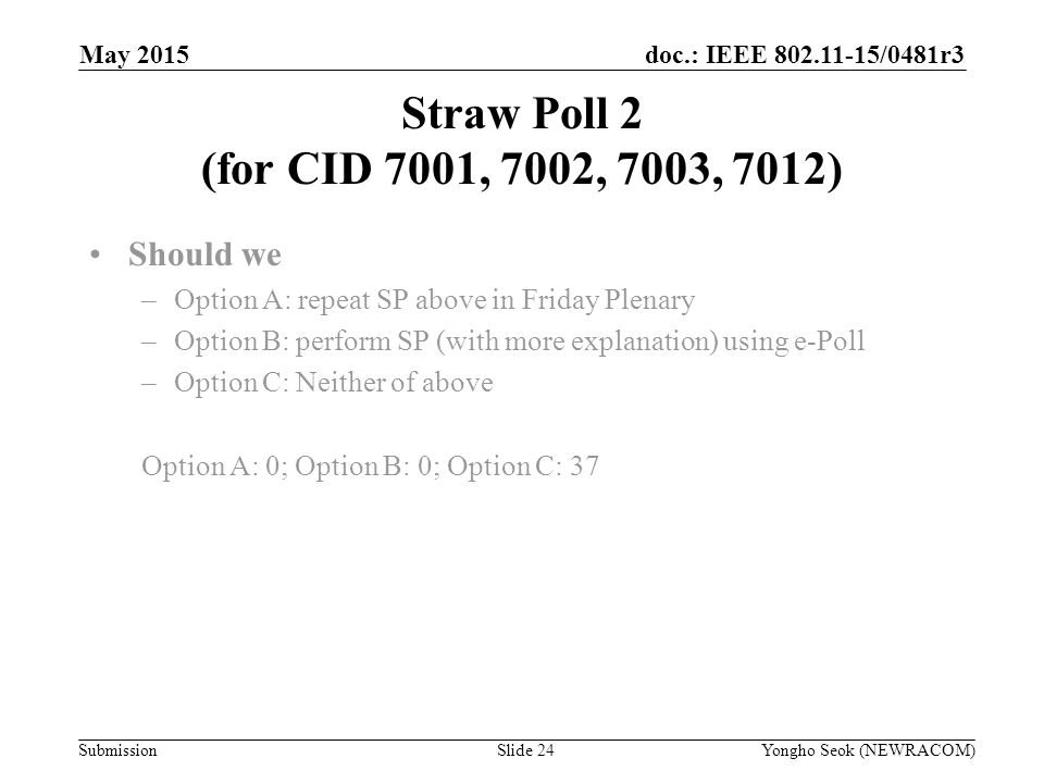doc.: IEEE /0481r3 Submission Straw Poll 2 (for CID 7001, 7002, 7003, 7012) Should we –Option A: repeat SP above in Friday Plenary –Option B: perform SP (with more explanation) using e-Poll –Option C: Neither of above Option A: 0; Option B: 0; Option C: 37 Yongho Seok (NEWRACOM)Slide 24 May 2015