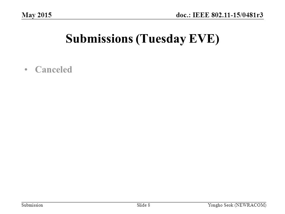 doc.: IEEE /0481r3 Submission Submissions (Tuesday EVE) Slide 8Yongho Seok (NEWRACOM) May 2015 Canceled