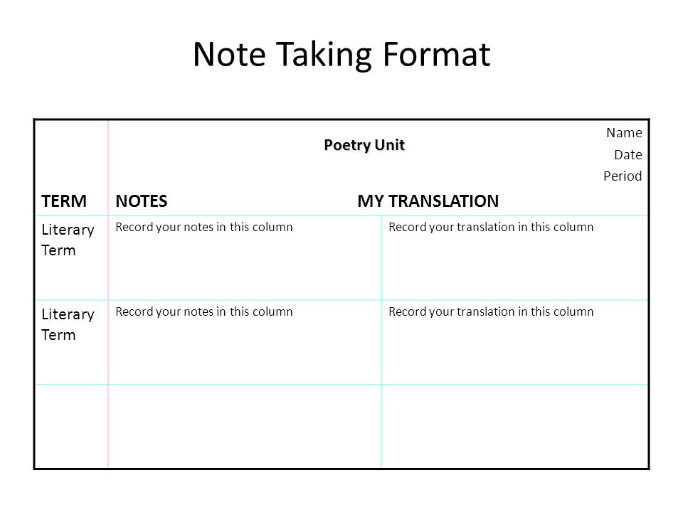 Note Taking Format TERM Name Date Period NOTES MY TRANSLATION Literary Term Record your notes in this columnRecord your translation in this column Literary Term Record your notes in this columnRecord your translation in this column Poetry Unit
