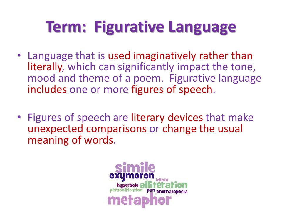 Term: Figurative Language Language that is used imaginatively rather than literally, which can significantly impact the tone, mood and theme of a poem.