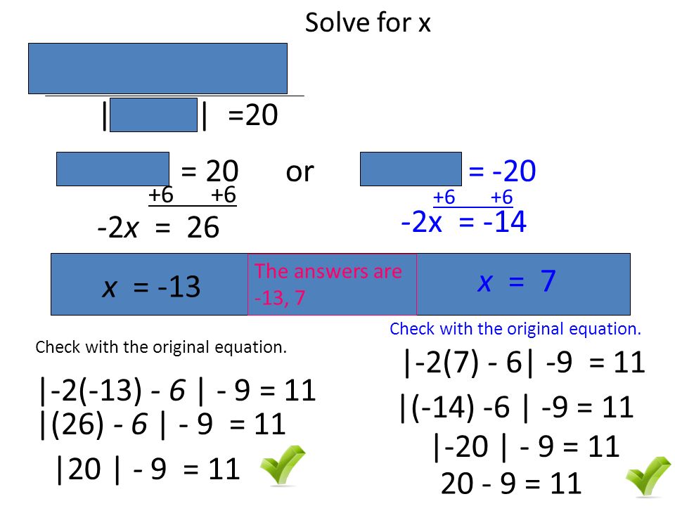 +9 |-2x - 6| - 9 = 11 -2x – 6 = 20 or -2x - 6 = x = Check with the original equation.