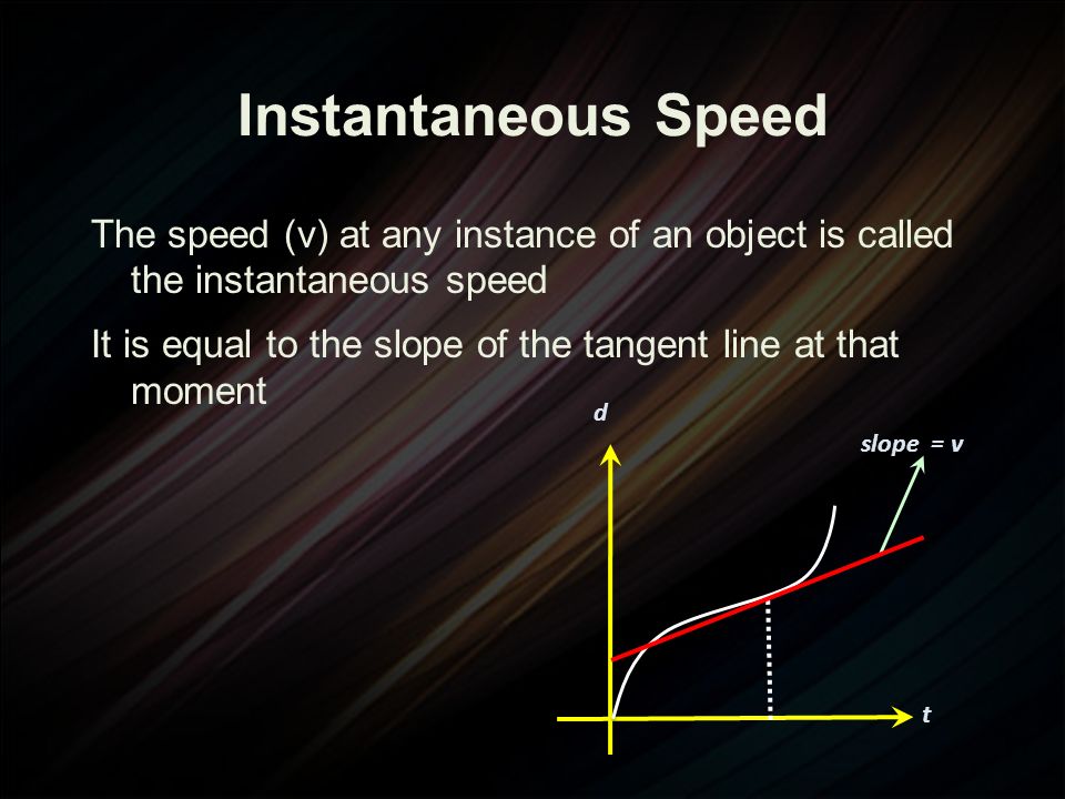 Instantaneous Speed The speed (v) at any instance of an object is called the instantaneous speed It is equal to the slope of the tangent line at that moment t d slope = v