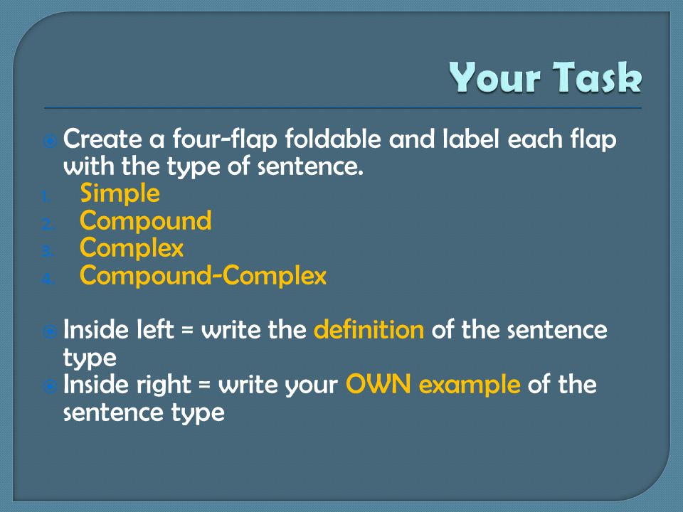  Create a four-flap foldable and label each flap with the type of sentence.