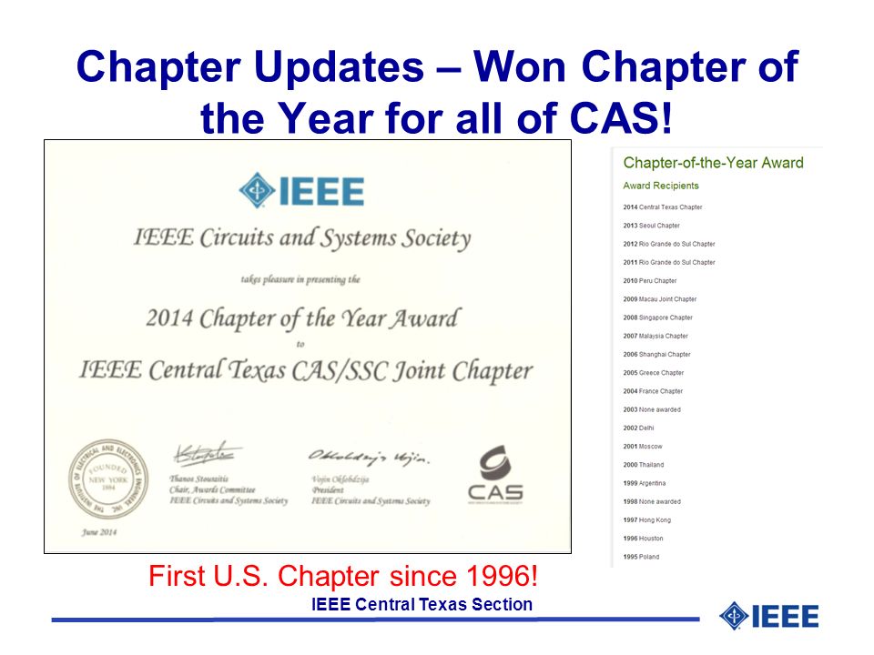 IEEE Central Texas Section Chapter Updates – Won Chapter of the Year for all of CAS.