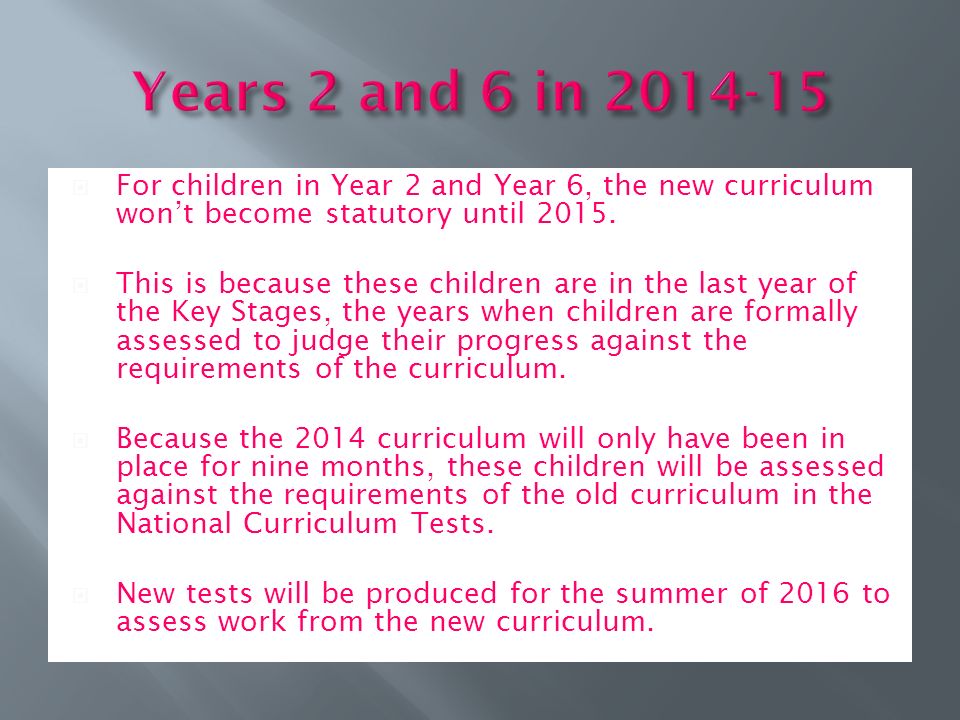  For children in Year 2 and Year 6, the new curriculum won’t become statutory until 2015.