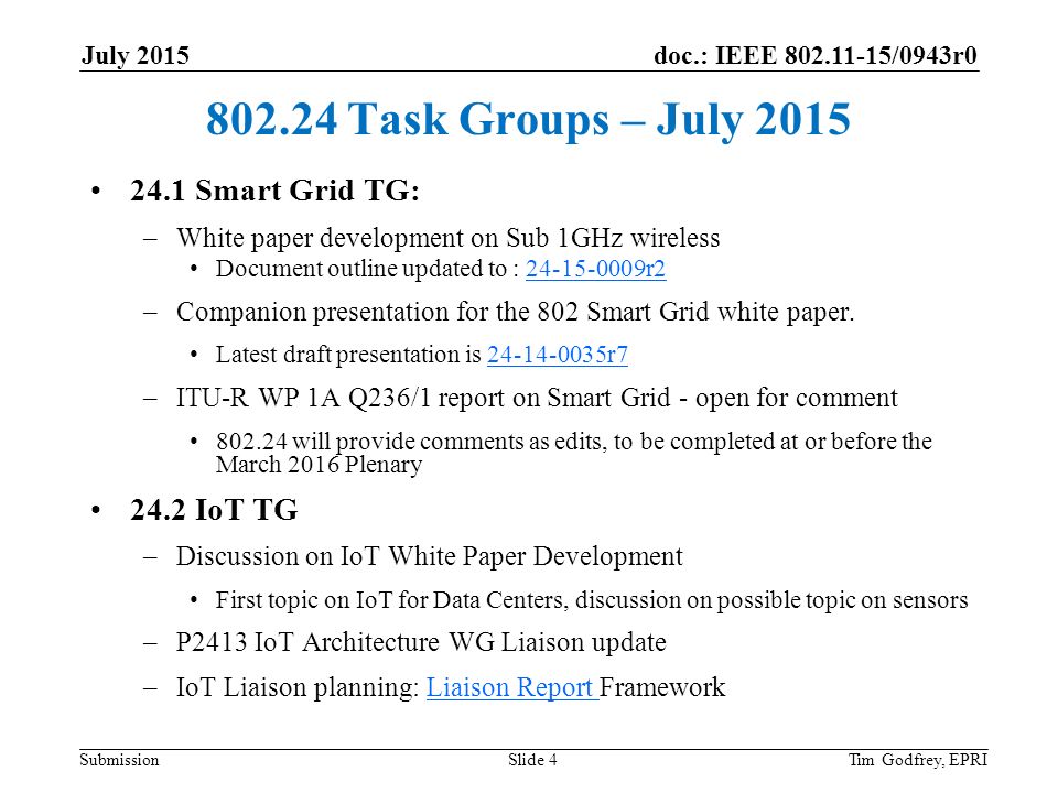 doc.: IEEE /0943r0 Submission July Task Groups – July Smart Grid TG: –White paper development on Sub 1GHz wireless Document outline updated to : r r2 –Companion presentation for the 802 Smart Grid white paper.