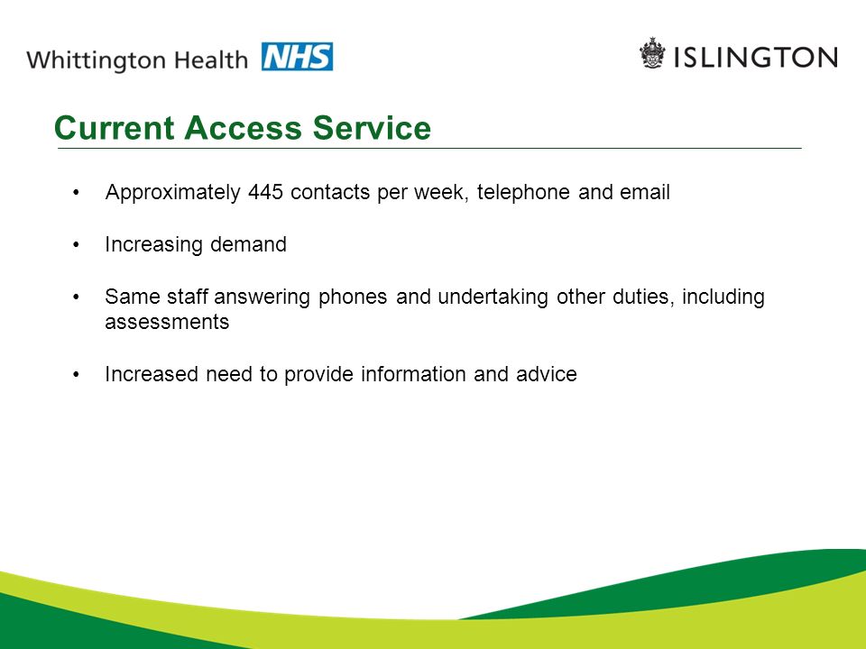 Current Access Service Approximately 445 contacts per week, telephone and  Increasing demand Same staff answering phones and undertaking other duties, including assessments Increased need to provide information and advice