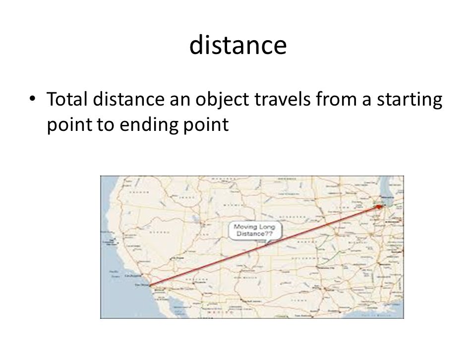 distance Total distance an object travels from a starting point to ending point
