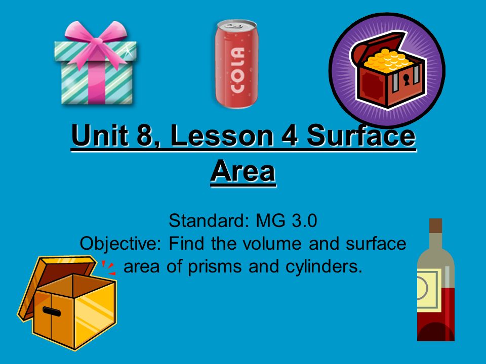 Unit 8, Lesson 4 Surface Area Standard: MG 3.0 Objective: Find the volume and surface area of prisms and cylinders.